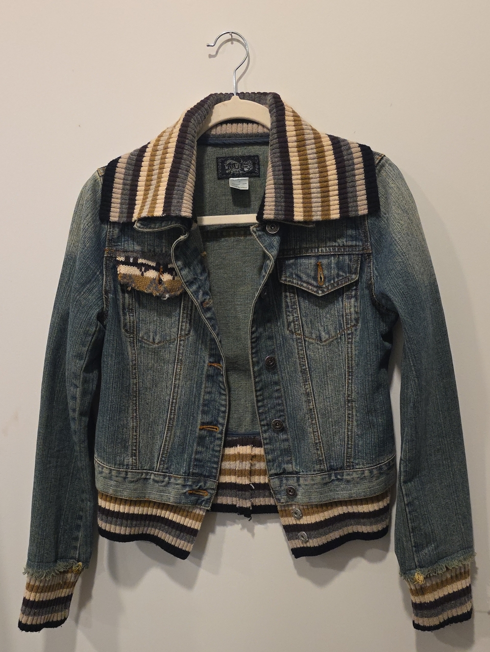 Miss Me Denim Bomber Jacket with Striped Knit Trim - Blue/Tan/Black